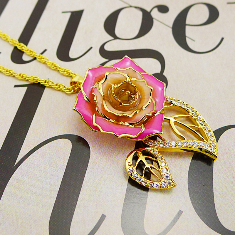 Double Leaf Pink Rose Necklace (fresh Rose)