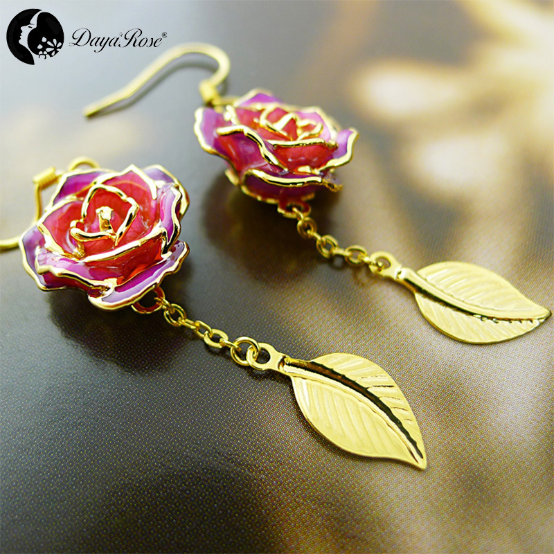 Gold Rose Earring with Leaf Design (fresh Rose)