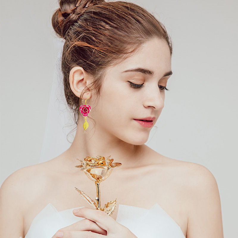 Gold Rose Earring with Leaf Design (fresh Rose)